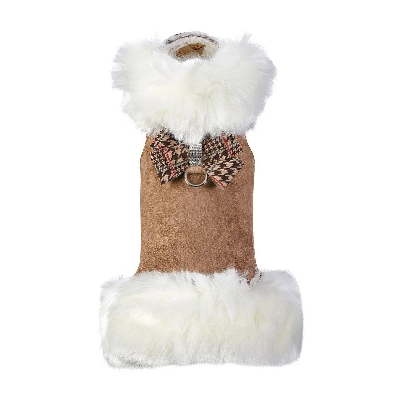 White Fox Fur Coat with Chocolate Glen Houndstooth Nouveau Bow